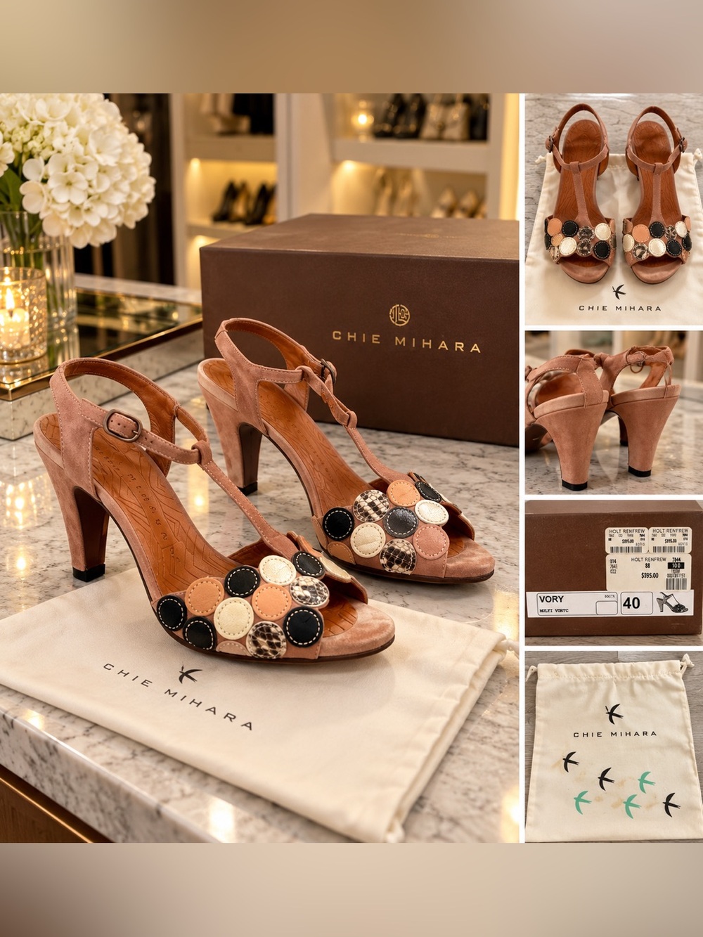 Chie Mihara Tan Suede T-Strap Heels with Multicolor Disc Accents with box sz10
